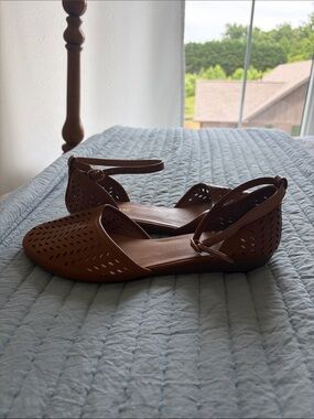 MaxMara Cognac Laser-Cut Ankle-Strap Flats
